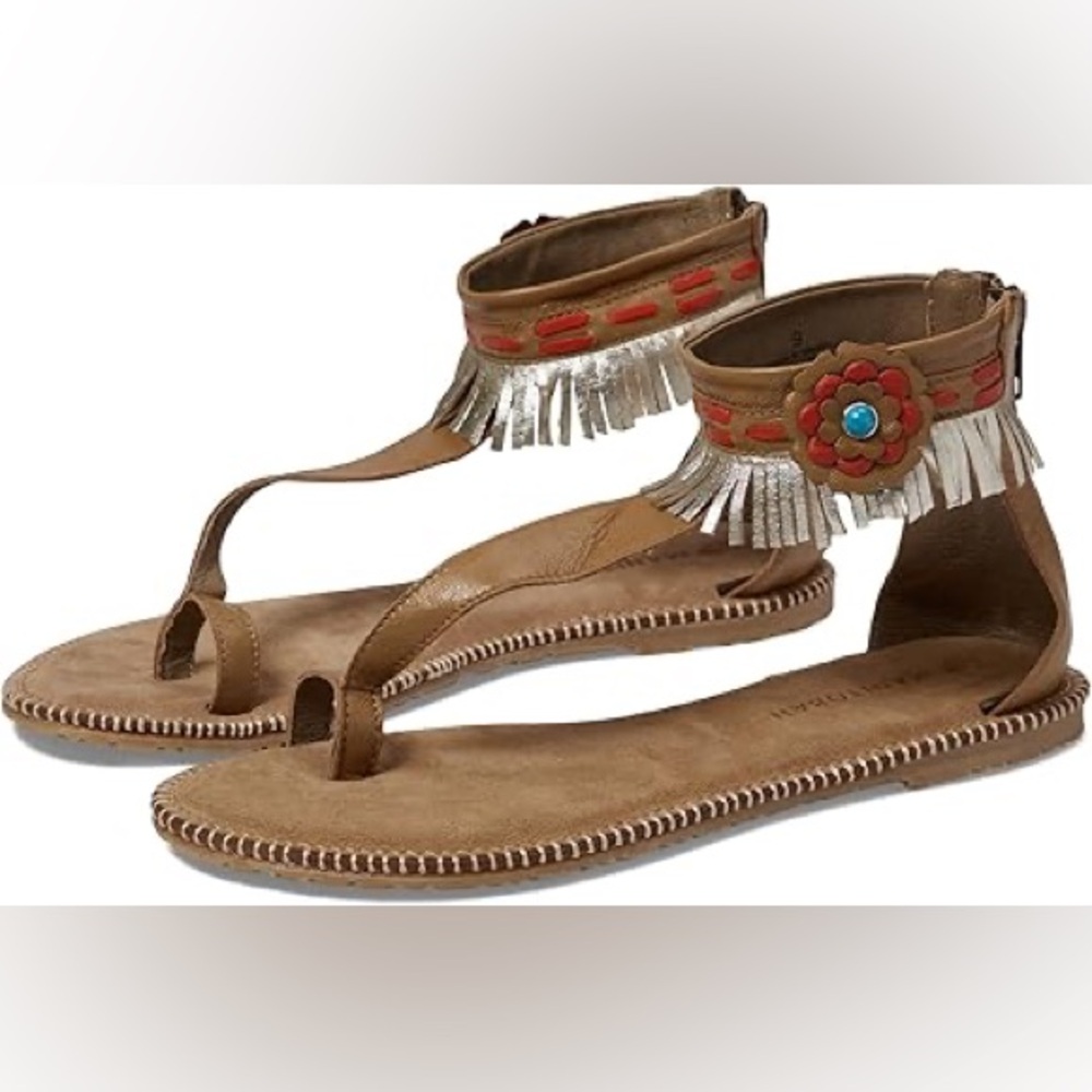 Manitobah Mukluks Wasaga Ankle Sandal Light Brown Red Tan Fringe, 8
